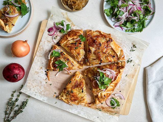 Caramelised Onion, Potato & Three Cheese Galette