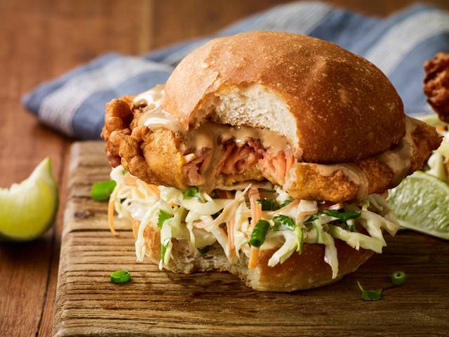 Crispy Salmon Burgers with Slaw and Katsu Sauce