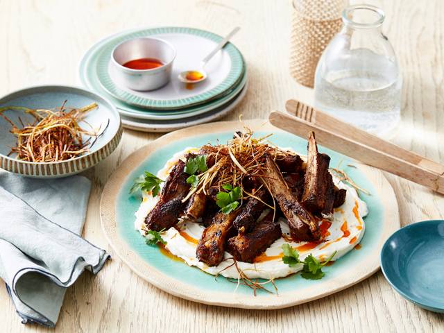 Cumin Roasted Lamb Ribs, Garlic Labneh, Crispy Leeks and Chilli Oil