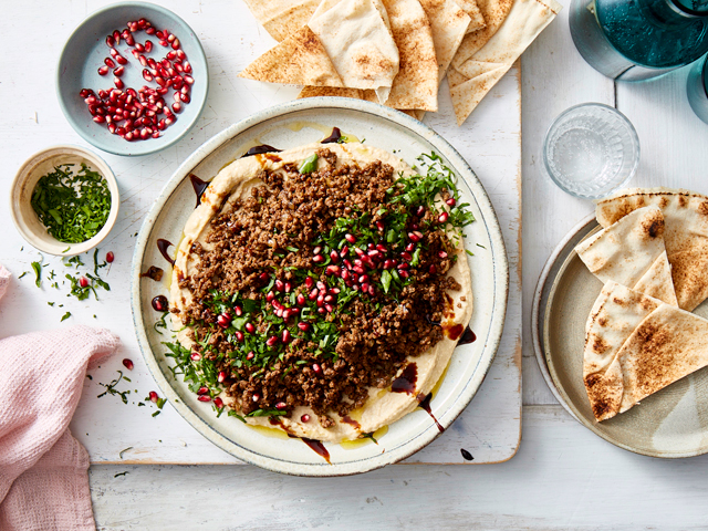 Hummus with Spiced Lamb, Pomegranate and Mint