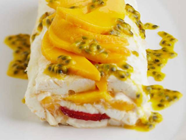 Mango and Strawberry Pavlova Roll