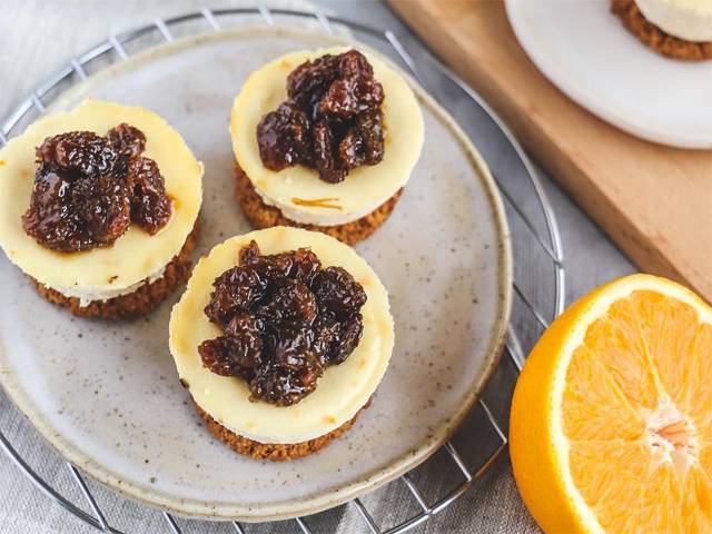 Mini Ricotta Cheesecakes with Raisin Compote