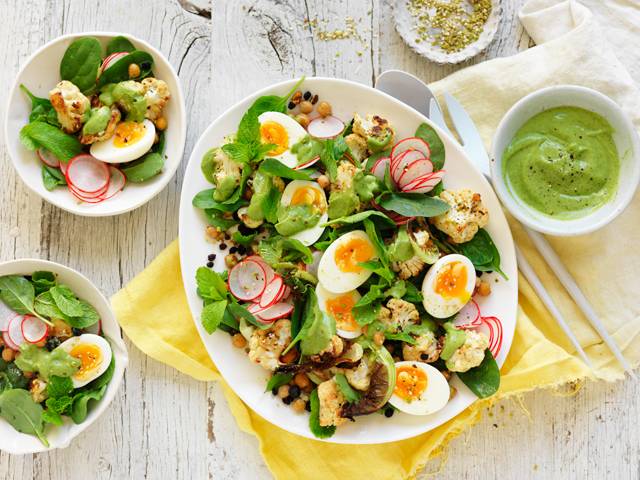 Roast Cauliflower & Egg Salad with Avocado Dressing