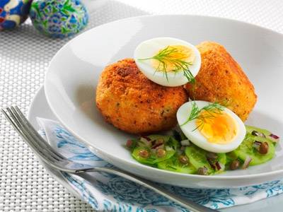 Smoked Trout Patties with Soft Boiled Egg and Cucumber, Dill and Caper Salad